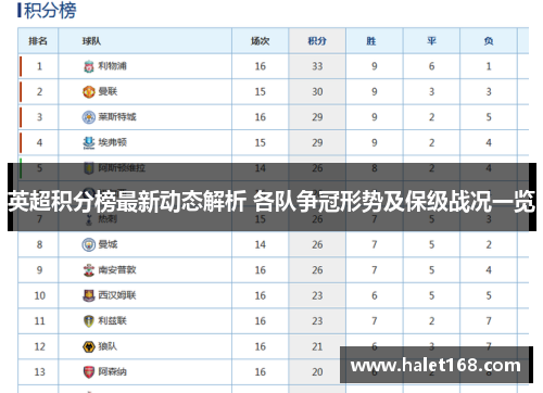 英超积分榜最新动态解析 各队争冠形势及保级战况一览